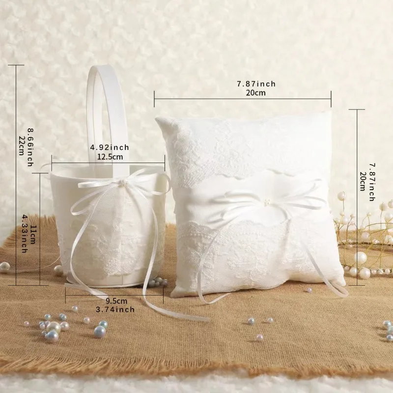 1PC Flower Girl Basket for Wedding ,Parties and Home Decor Wedding Ring Pillow, Pearl Lace Decoration Ivory Ring Bearer Pillow