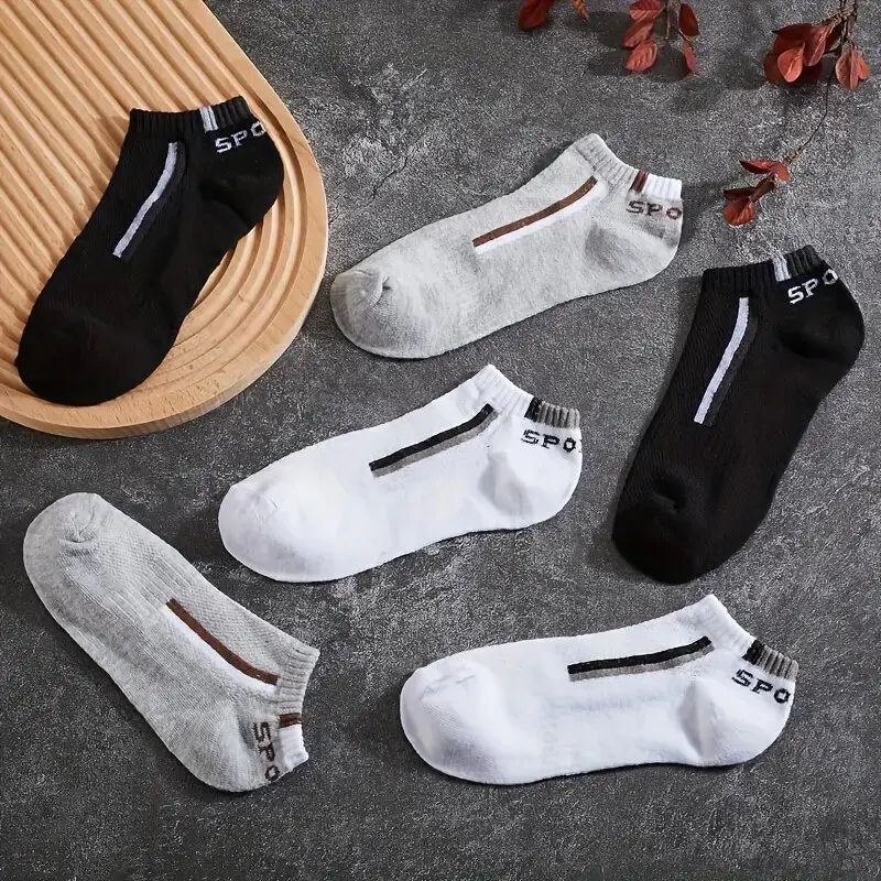 5 Pairs Men Short Socks With Fashionable Versatile Stripes That Absorb Sweat Are Breathable Soft Comfortable Casual Ankle Socks