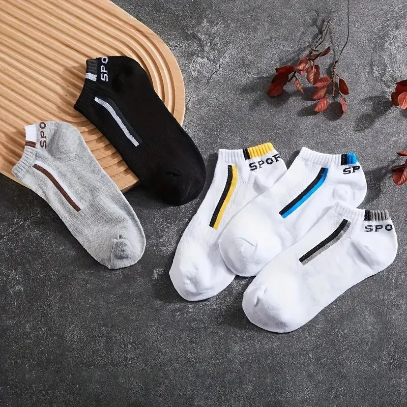 5 Pairs Men Short Socks With Fashionable Versatile Stripes That Absorb Sweat Are Breathable Soft Comfortable Casual Ankle Socks