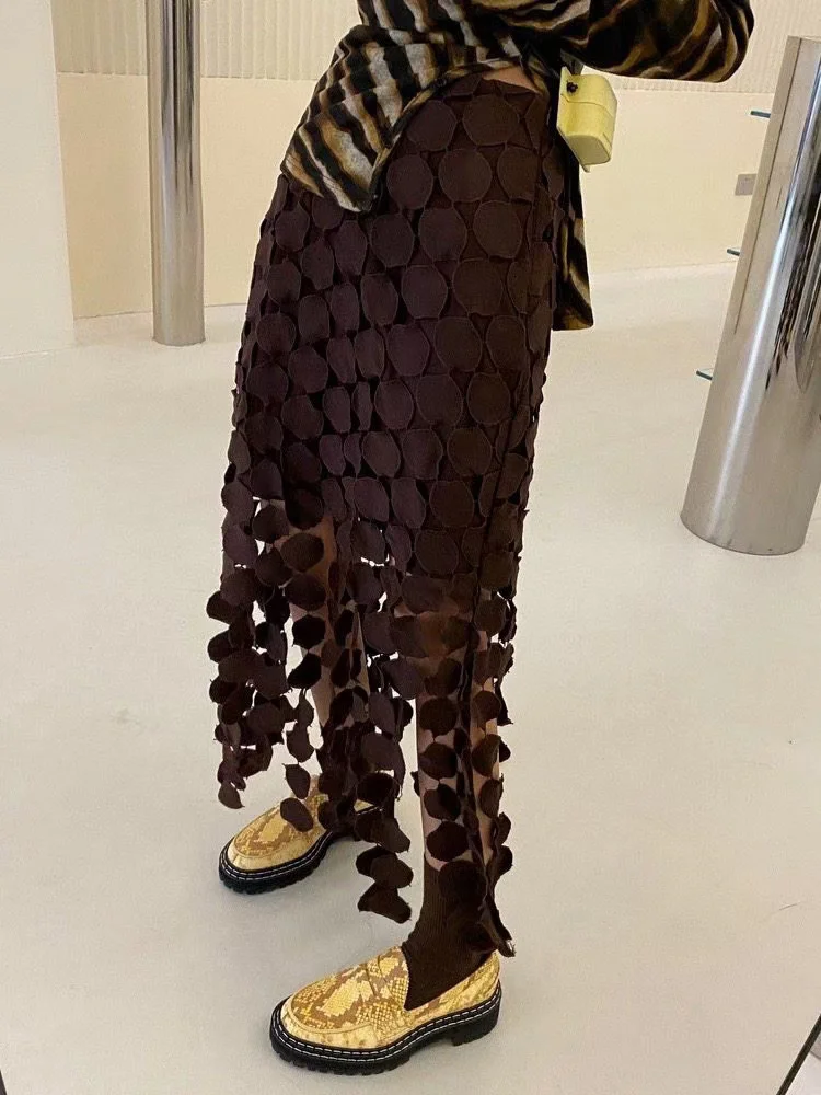 TWOTWINSTYLE Cut Out Skirt For Women High Waist Patchwork Tassel Irregular Hem Solid Midi Skirts Female Summer Clothing Style