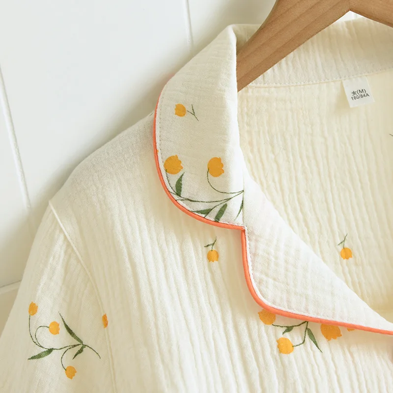 New Summer Women's Cotton Crepe Three-piece Short Sleeve + Shorts + Trousers Large Size Simple Flower Pajamas Home Service Suit