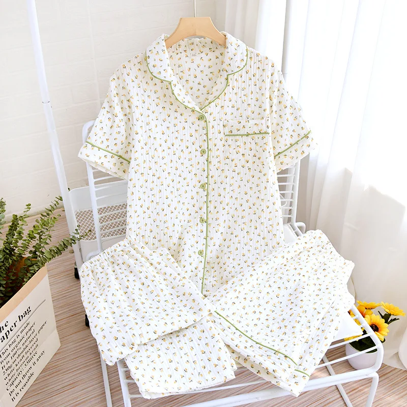 New Summer Women's Cotton Crepe Three-piece Short Sleeve + Shorts + Trousers Large Size Simple Flower Pajamas Home Service Suit