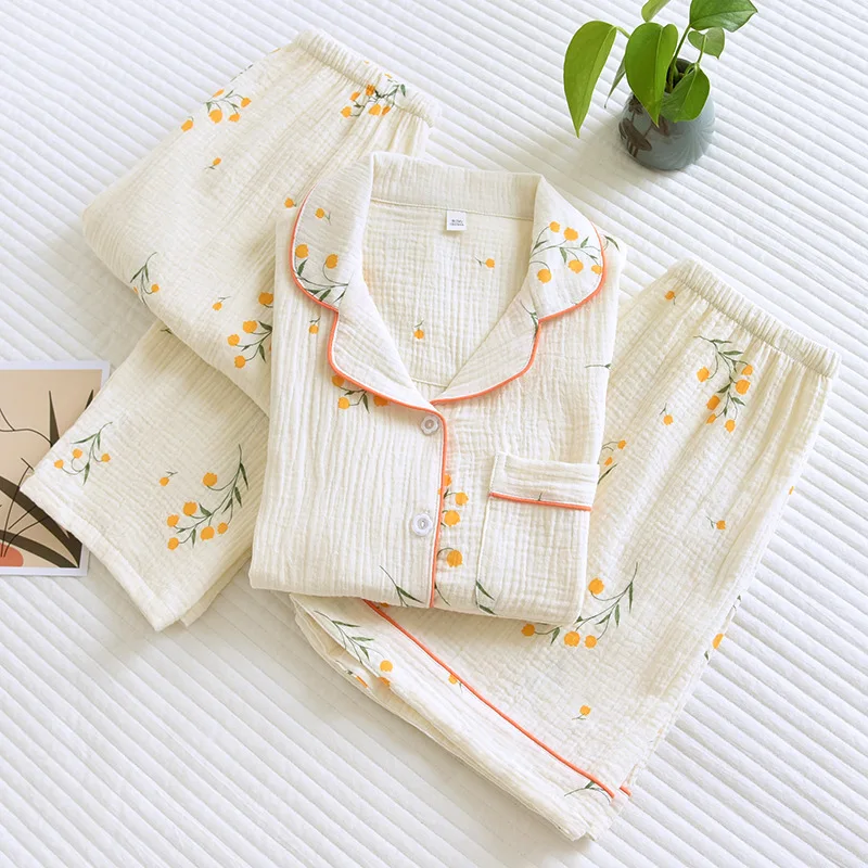 New Summer Women's Cotton Crepe Three-piece Short Sleeve + Shorts + Trousers Large Size Simple Flower Pajamas Home Service Suit