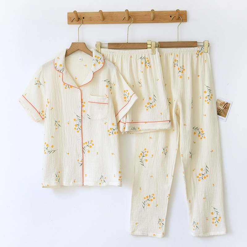 New Summer Women's Cotton Crepe Three-piece Short Sleeve + Shorts + Trousers Large Size Simple Flower Pajamas Home Service Suit