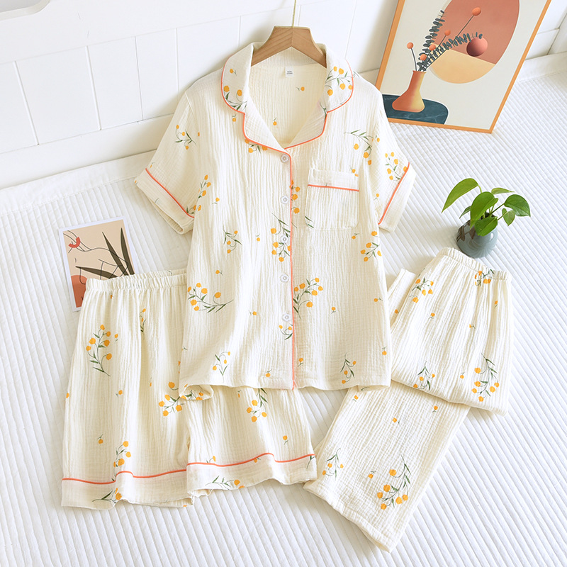 New Summer Women's Cotton Crepe Three-piece Short Sleeve + Shorts + Trousers Large Size Simple Flower Pajamas Home Service Suit