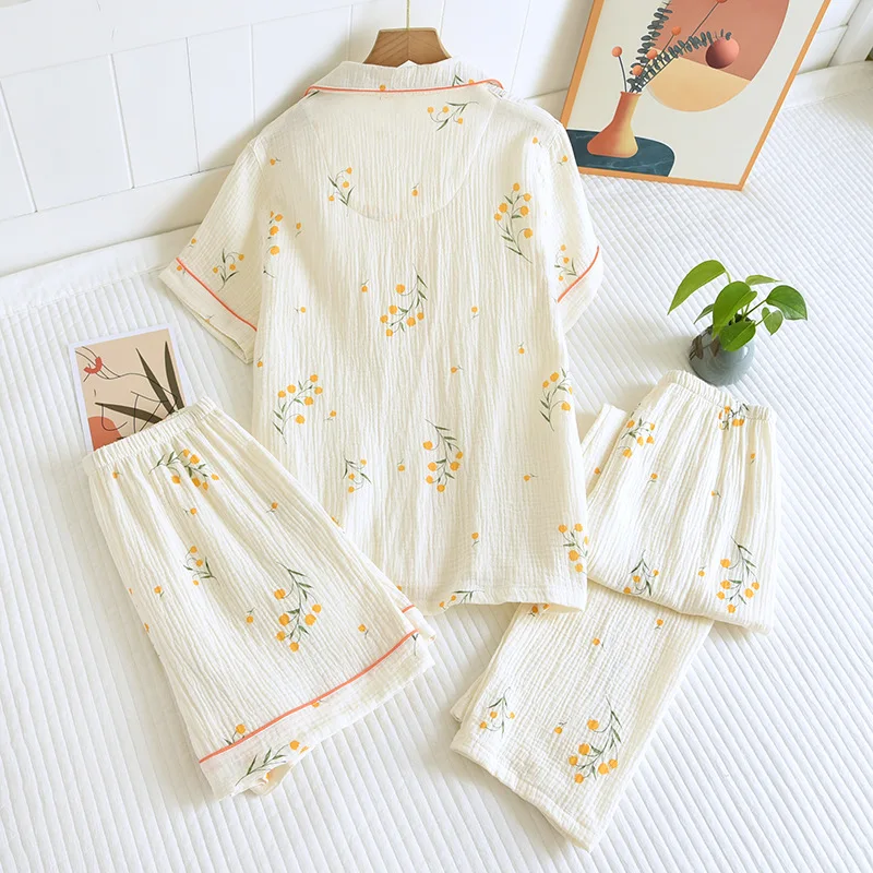 New Summer Women's Cotton Crepe Three-piece Short Sleeve + Shorts + Trousers Large Size Simple Flower Pajamas Home Service Suit