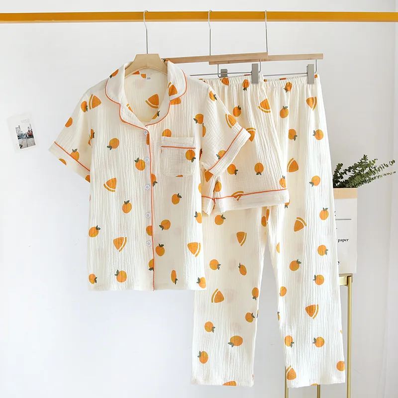 New Summer Women's Cotton Crepe Three-piece Short Sleeve + Shorts + Trousers Large Size Simple Flower Pajamas Home Service Suit