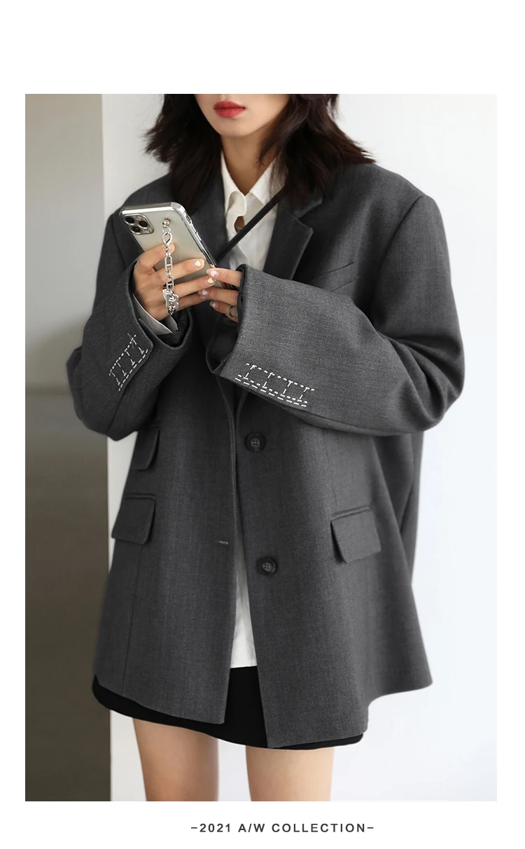 CHICVEN Women Office Lady Blazer Cuff Embroidery Wide Shoulder Twill Suit Women's Autumn Ladies Outerwear Stylish Tops
