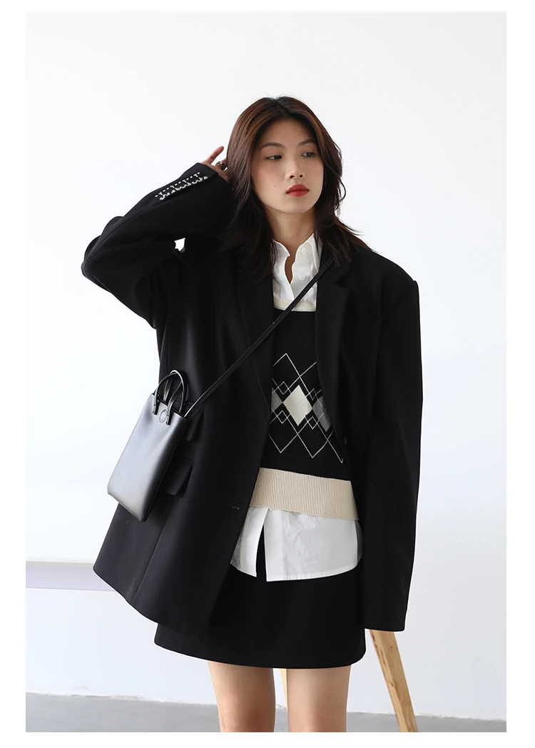 CHICVEN Women Office Lady Blazer Cuff Embroidery Wide Shoulder Twill Suit Women's Autumn Ladies Outerwear Stylish Tops