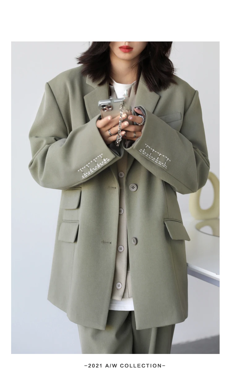 CHICVEN Women Office Lady Blazer Cuff Embroidery Wide Shoulder Twill Suit Women's Autumn Ladies Outerwear Stylish Tops