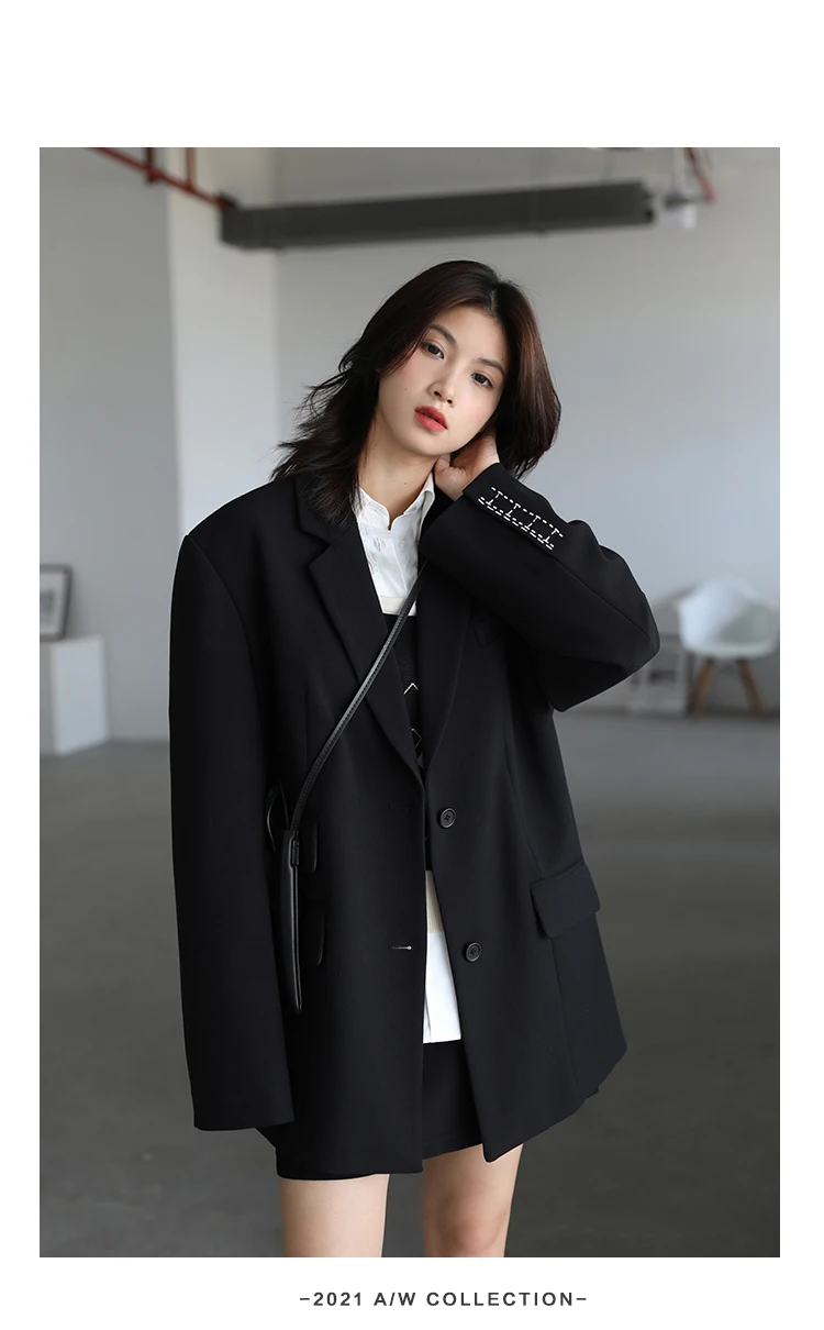 CHICVEN Women Office Lady Blazer Cuff Embroidery Wide Shoulder Twill Suit Women's Autumn Ladies Outerwear Stylish Tops