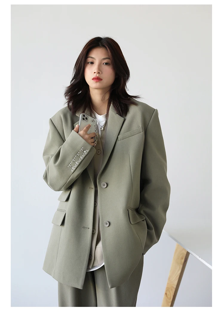 CHICVEN Women Office Lady Blazer Cuff Embroidery Wide Shoulder Twill Suit Women's Autumn Ladies Outerwear Stylish Tops