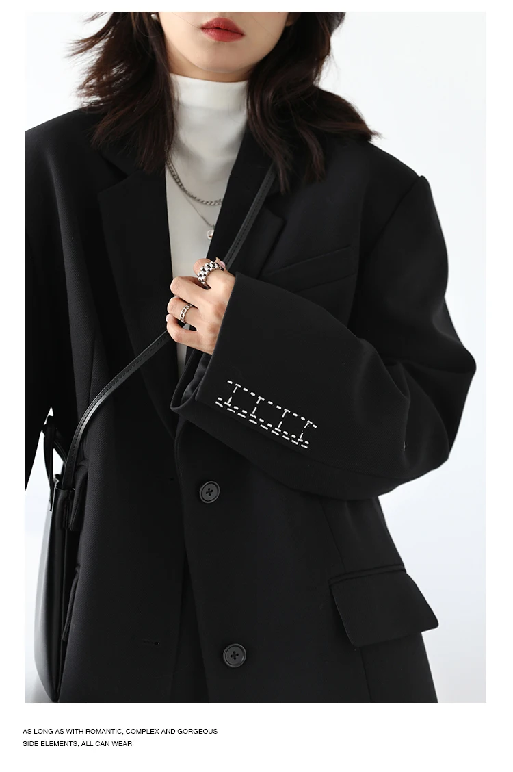 CHICVEN Women Office Lady Blazer Cuff Embroidery Wide Shoulder Twill Suit Women's Autumn Ladies Outerwear Stylish Tops