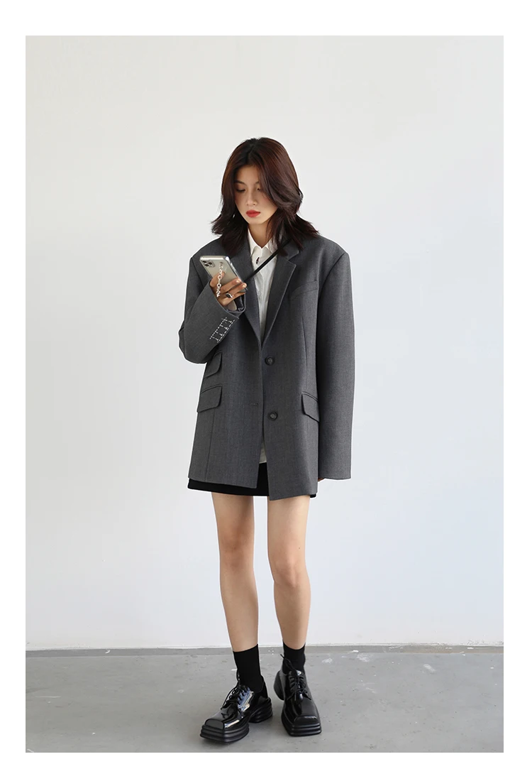 CHICVEN Women Office Lady Blazer Cuff Embroidery Wide Shoulder Twill Suit Women's Autumn Ladies Outerwear Stylish Tops