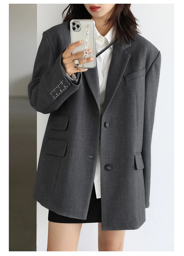 CHICVEN Women Office Lady Blazer Cuff Embroidery Wide Shoulder Twill Suit Women's Autumn Ladies Outerwear Stylish Tops