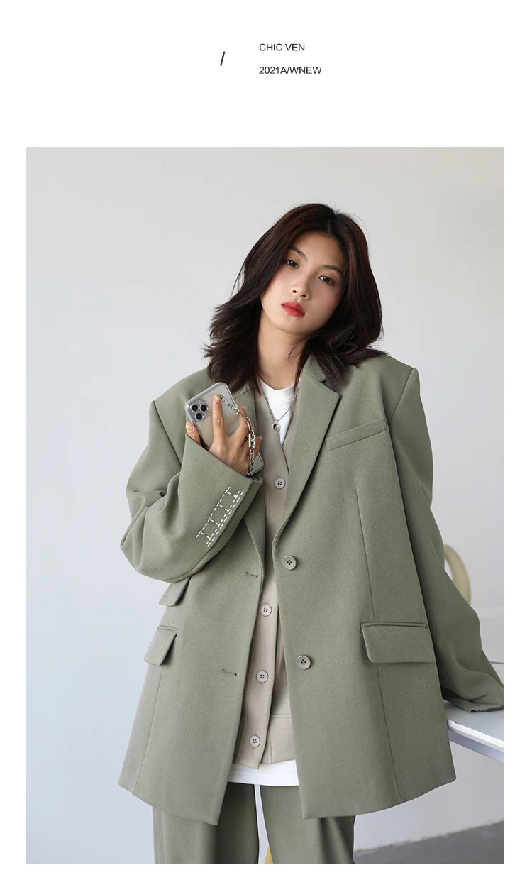 CHICVEN Women Office Lady Blazer Cuff Embroidery Wide Shoulder Twill Suit Women's Autumn Ladies Outerwear Stylish Tops