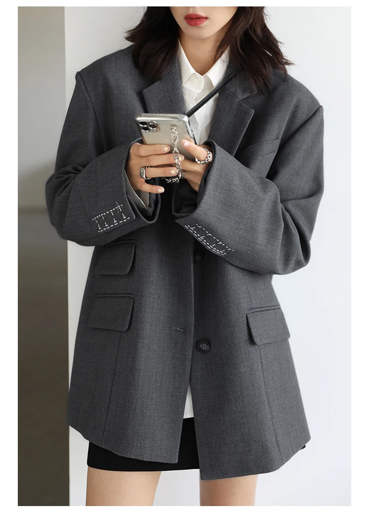 CHICVEN Women Office Lady Blazer Cuff Embroidery Wide Shoulder Twill Suit Women's Autumn Ladies Outerwear Stylish Tops