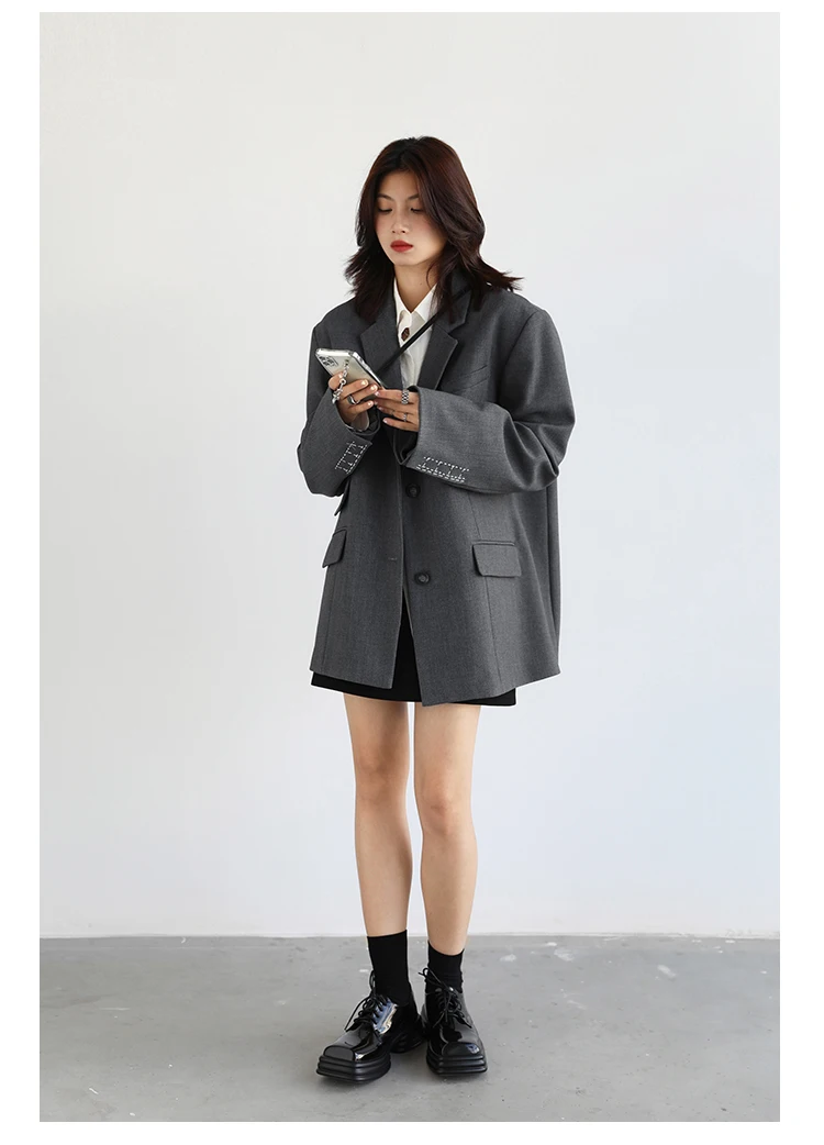 CHICVEN Women Office Lady Blazer Cuff Embroidery Wide Shoulder Twill Suit Women's Autumn Ladies Outerwear Stylish Tops