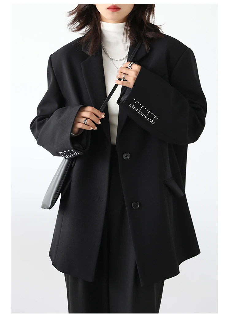 CHICVEN Women Office Lady Blazer Cuff Embroidery Wide Shoulder Twill Suit Women's Autumn Ladies Outerwear Stylish Tops