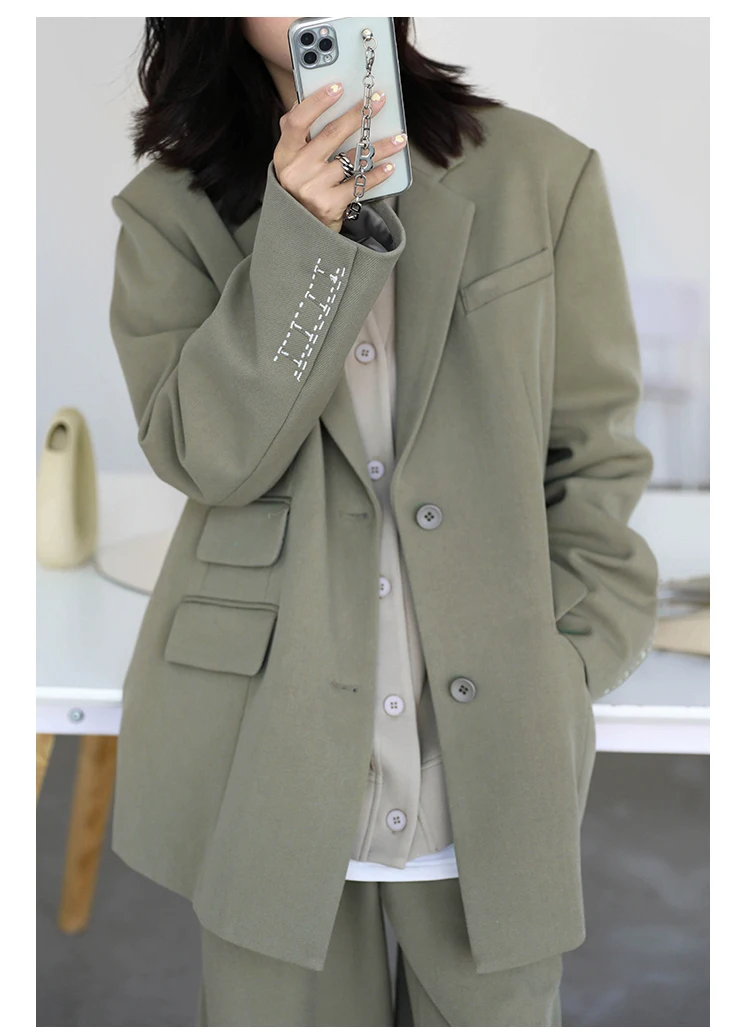 CHICVEN Women Office Lady Blazer Cuff Embroidery Wide Shoulder Twill Suit Women's Autumn Ladies Outerwear Stylish Tops