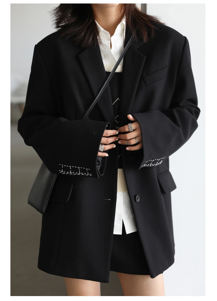 CHICVEN Women Office Lady Blazer Cuff Embroidery Wide Shoulder Twill Suit Women's Autumn Ladies Outerwear Stylish Tops