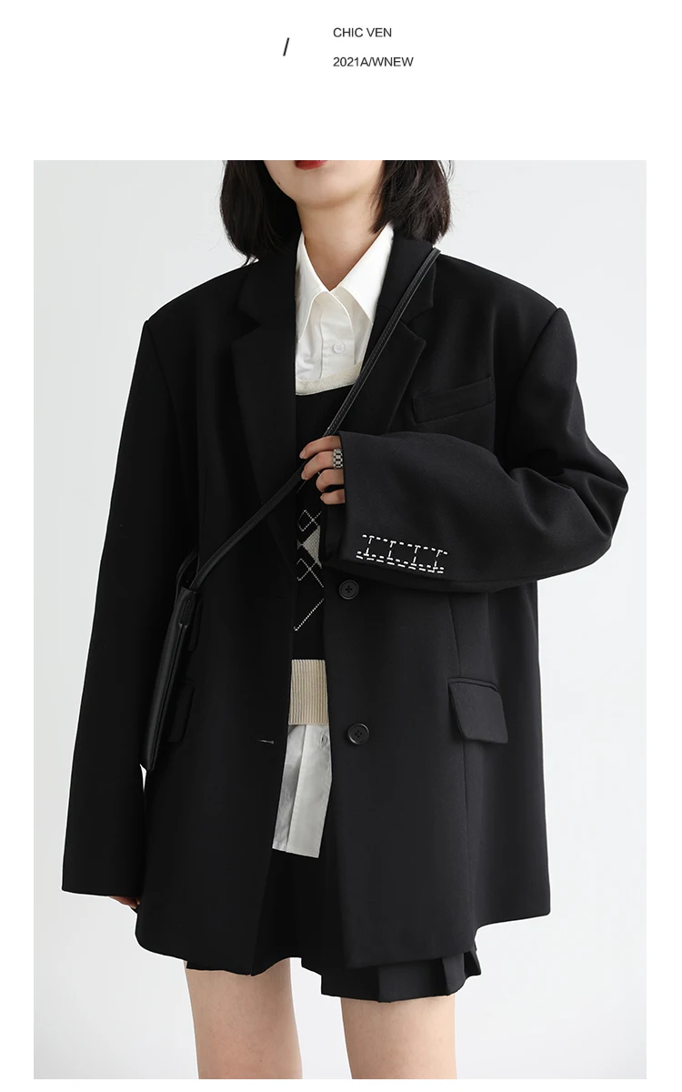 CHICVEN Women Office Lady Blazer Cuff Embroidery Wide Shoulder Twill Suit Women's Autumn Ladies Outerwear Stylish Tops