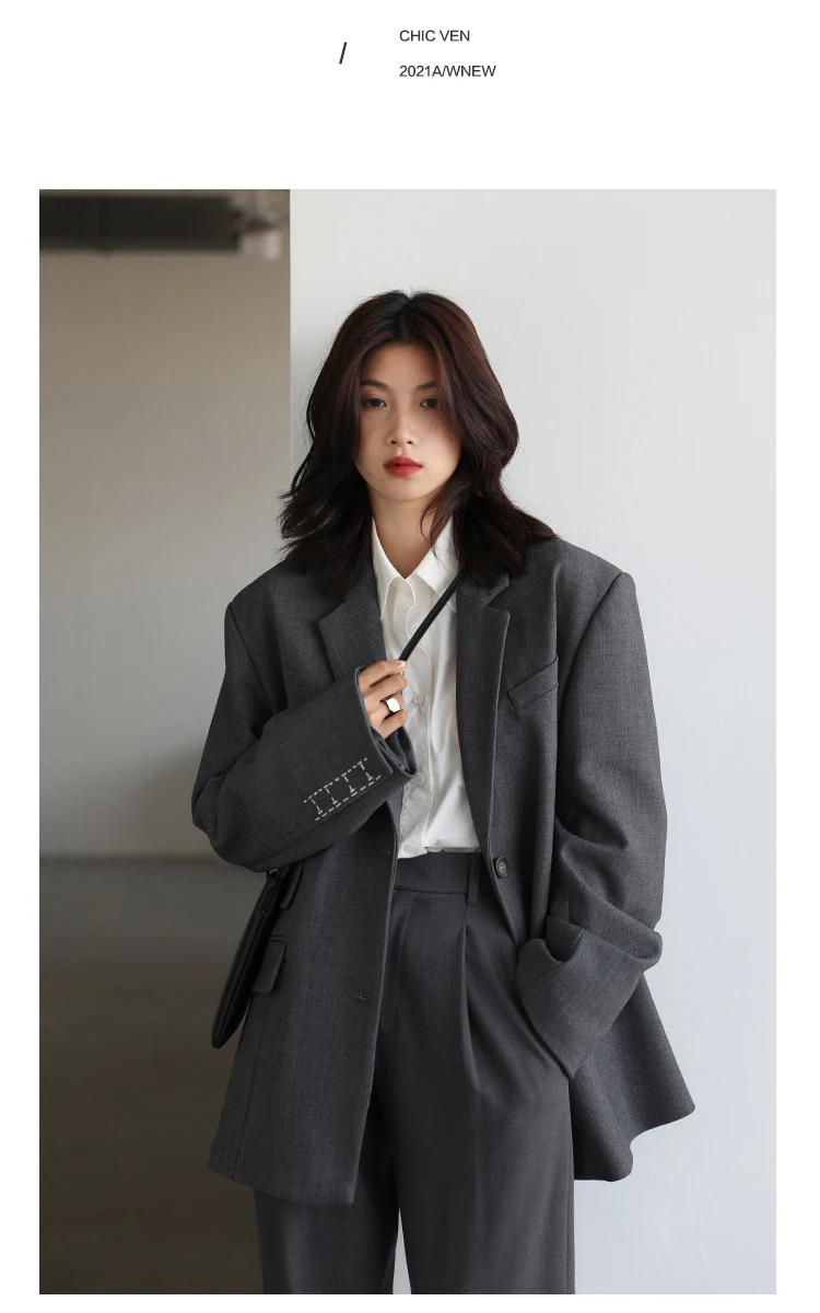 CHICVEN Women Office Lady Blazer Cuff Embroidery Wide Shoulder Twill Suit Women's Autumn Ladies Outerwear Stylish Tops