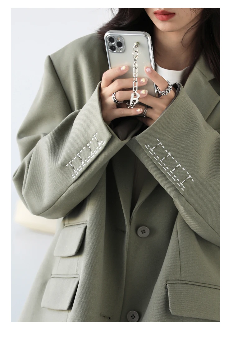 CHICVEN Women Office Lady Blazer Cuff Embroidery Wide Shoulder Twill Suit Women's Autumn Ladies Outerwear Stylish Tops