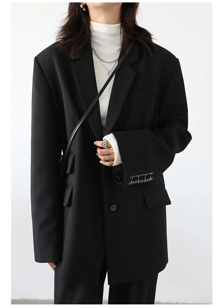 CHICVEN Women Office Lady Blazer Cuff Embroidery Wide Shoulder Twill Suit Women's Autumn Ladies Outerwear Stylish Tops