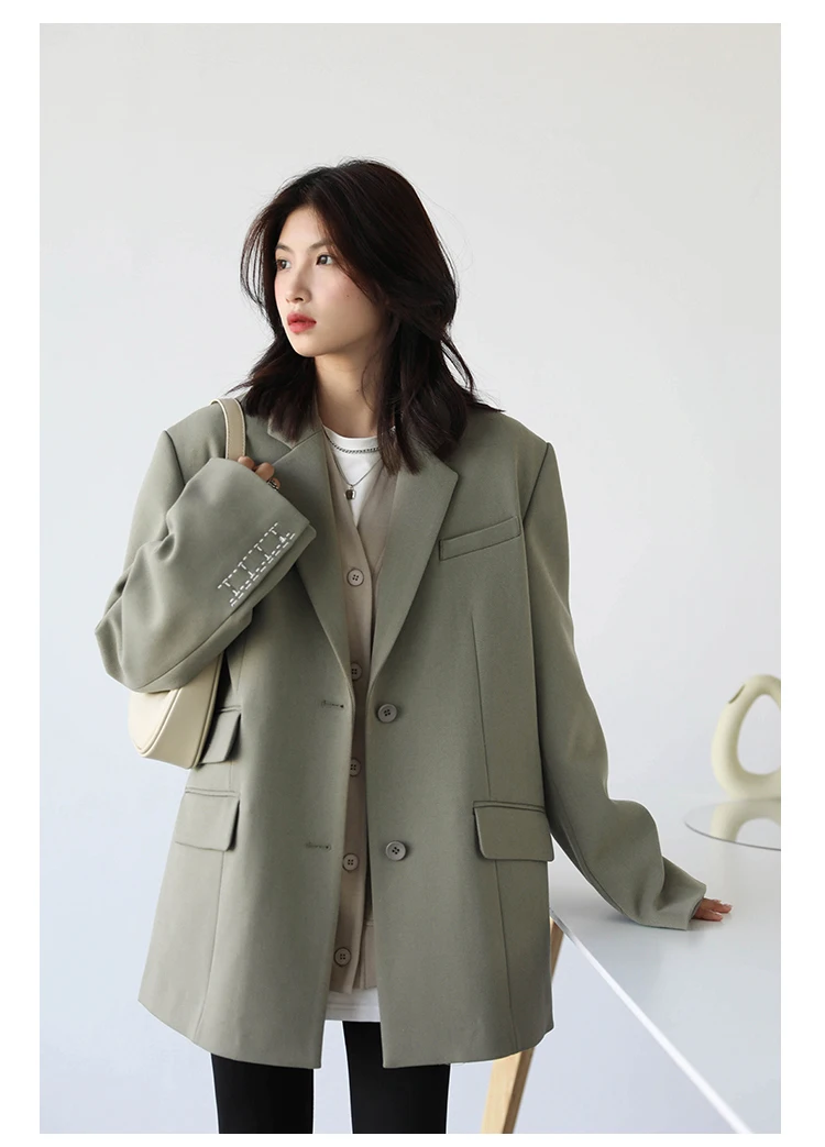 CHICVEN Women Office Lady Blazer Cuff Embroidery Wide Shoulder Twill Suit Women's Autumn Ladies Outerwear Stylish Tops