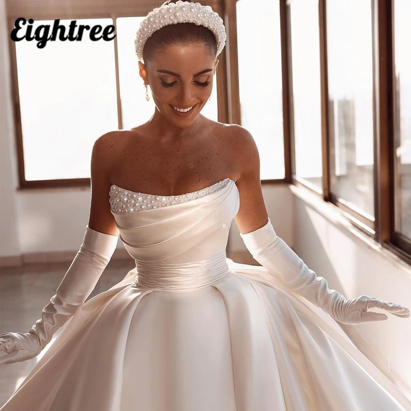 Eightree Elegant Wedding Dresses 2027 Pearls Modern Bridal Beach Boho Dress Sweep Train A-Line Satin Wedding Ball Gown Plus Size