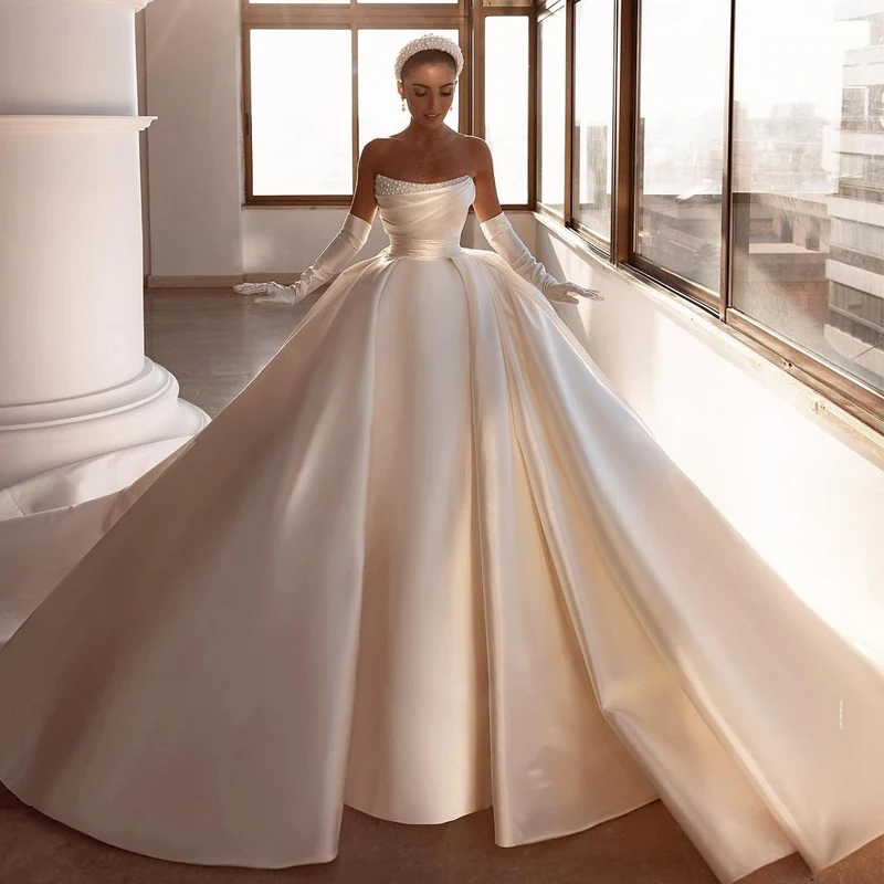 Eightree Elegant Wedding Dresses 2027 Pearls Modern Bridal Beach Boho Dress Sweep Train A-Line Satin Wedding Ball Gown Plus Size