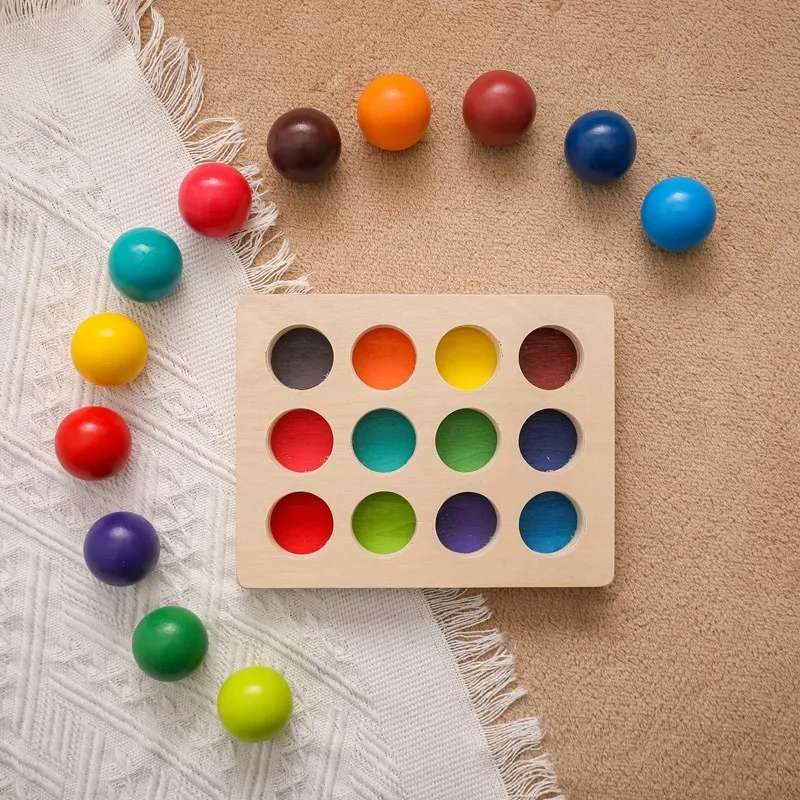 Wooden Montessori Toys for Kids Early Education Preschool Toy Rainbow Ball Matching Sensory Game Color Cognitive Sorting Board