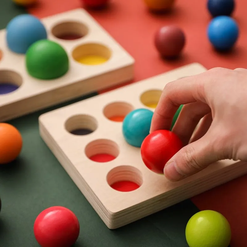 Wooden Montessori Toys for Kids Early Education Preschool Toy Rainbow Ball Matching Sensory Game Color Cognitive Sorting Board