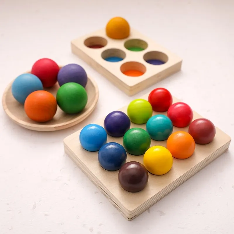 Wooden Montessori Toys for Kids Early Education Preschool Toy Rainbow Ball Matching Sensory Game Color Cognitive Sorting Board