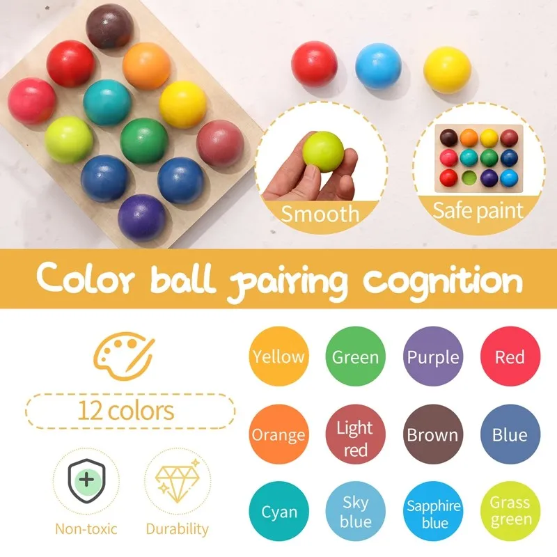 Wooden Montessori Toys for Kids Early Education Preschool Toy Rainbow Ball Matching Sensory Game Color Cognitive Sorting Board