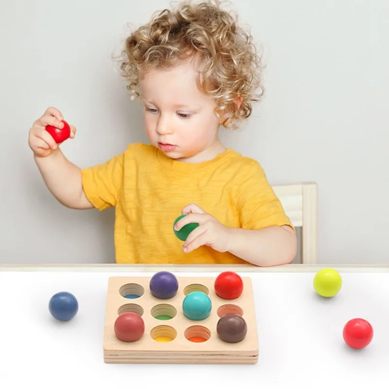 Wooden Montessori Toys for Kids Early Education Preschool Toy Rainbow Ball Matching Sensory Game Color Cognitive Sorting Board