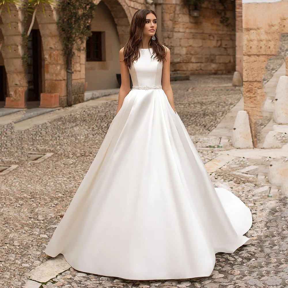 SoDigne Satin Princess Wedding Dresses Scoop Neck Pockets Bride Dresses Buttons Country Elegant Wedding Gowns Customized