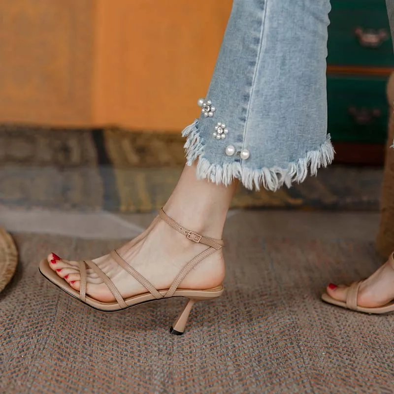 2024 New Ankle Strap Sandals Summer Women Sexy Party Lady Open Toe High Heels Fashion Woman Beige Apricot One Word Buckle Sandal