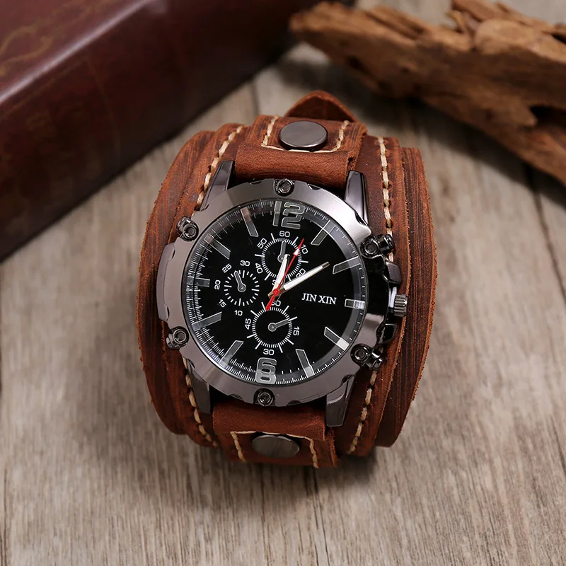 Mens Quartz Watches Luxury Wristwatch 2024 Cowhide Watchband Punk Style Watch for Men Wide Genuine Leather Bracelets