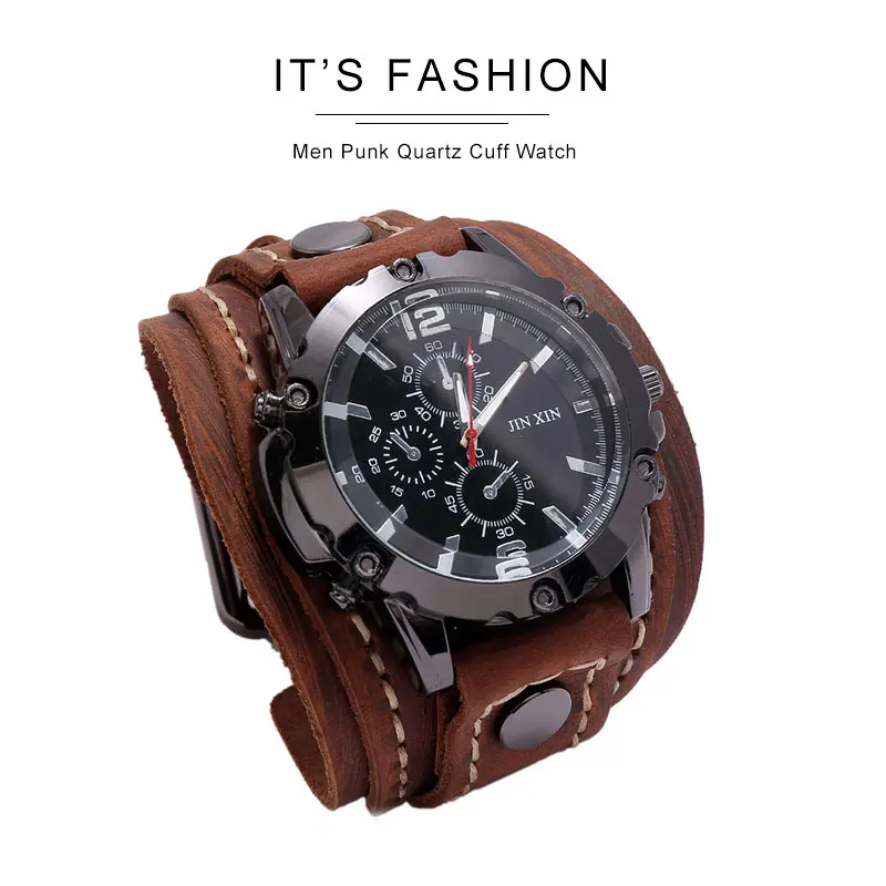 Mens Quartz Watches Luxury Wristwatch 2024 Cowhide Watchband Punk Style Watch for Men Wide Genuine Leather Bracelets