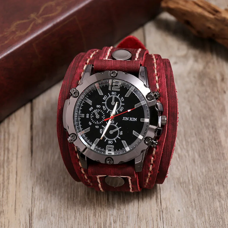 Mens Quartz Watches Luxury Wristwatch 2024 Cowhide Watchband Punk Style Watch for Men Wide Genuine Leather Bracelets
