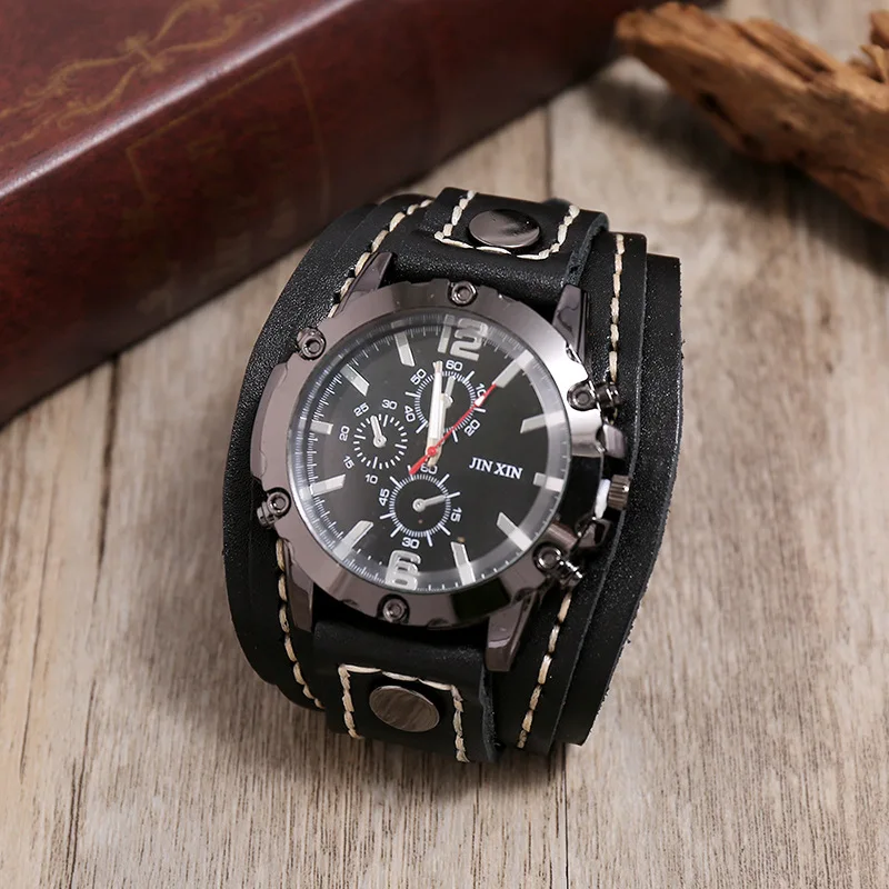 Mens Quartz Watches Luxury Wristwatch 2024 Cowhide Watchband Punk Style Watch for Men Wide Genuine Leather Bracelets