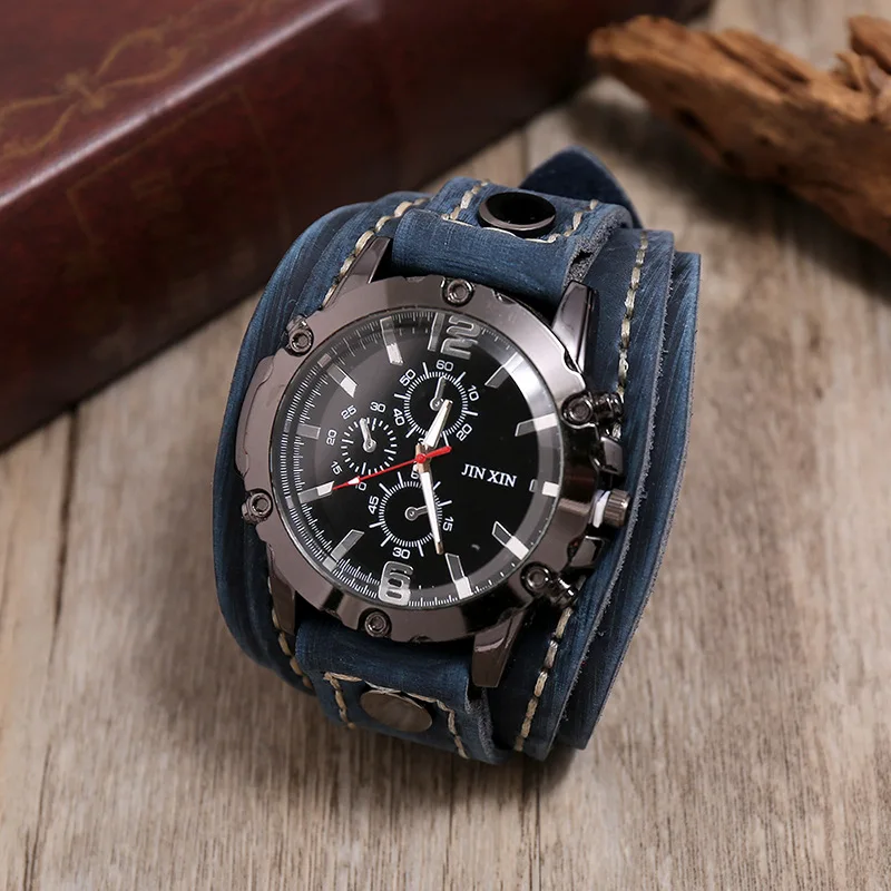Mens Quartz Watches Luxury Wristwatch 2024 Cowhide Watchband Punk Style Watch for Men Wide Genuine Leather Bracelets