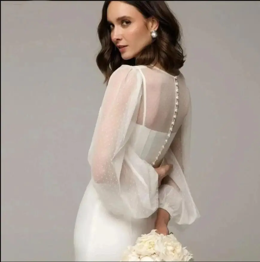 Dots Tulle Wedding Jakcet Buttons Back Romantic Removable Women Bolero Full Sleeves O Neck Bride Coat Wedding Top Customized