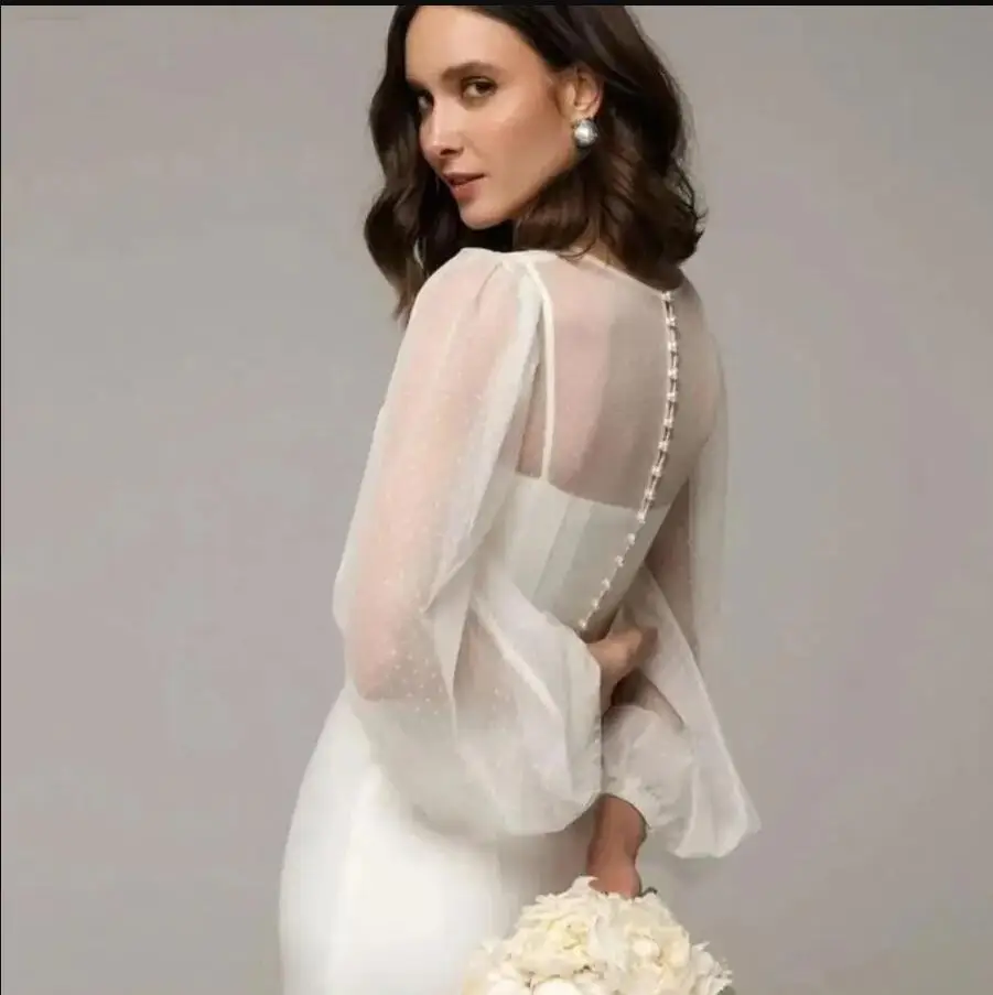 Dots Tulle Wedding Jakcet Buttons Back Romantic Removable Women Bolero Full Sleeves O Neck Bride Coat Wedding Top Customized