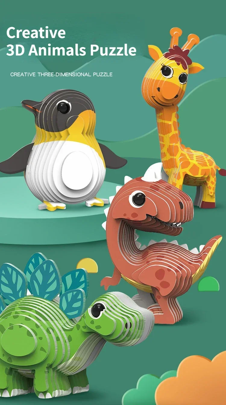 Children's 3D Puzzle Kindergarten Animal Puzzle Intelligence Early Education Toys Dinosaur Animal Model Paper 3-4-5-6 Years Old
