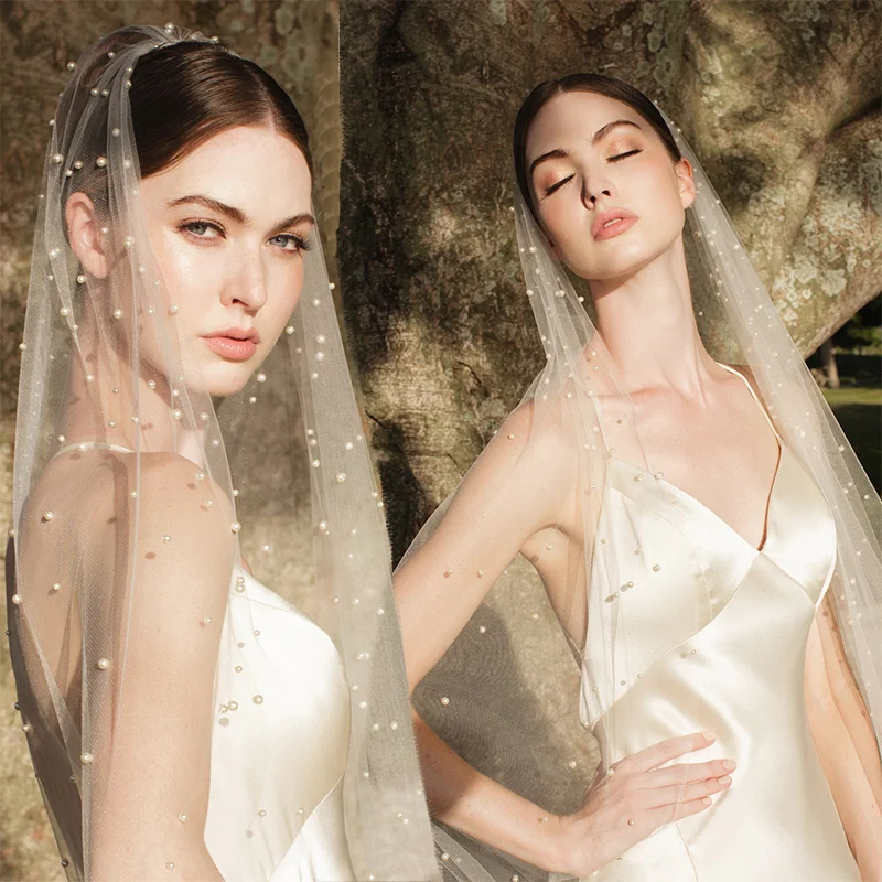 YouLaPan V05 Luxury Bridal Tulle Bridal Veil Pearl Wedding Veil with Hair Comb 1 Tier Long Wedding Veil Cathedral Wedding Veil