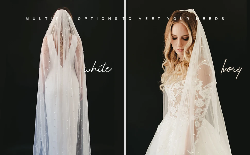 YouLaPan V05 Luxury Bridal Tulle Bridal Veil Pearl Wedding Veil with Hair Comb 1 Tier Long Wedding Veil Cathedral Wedding Veil