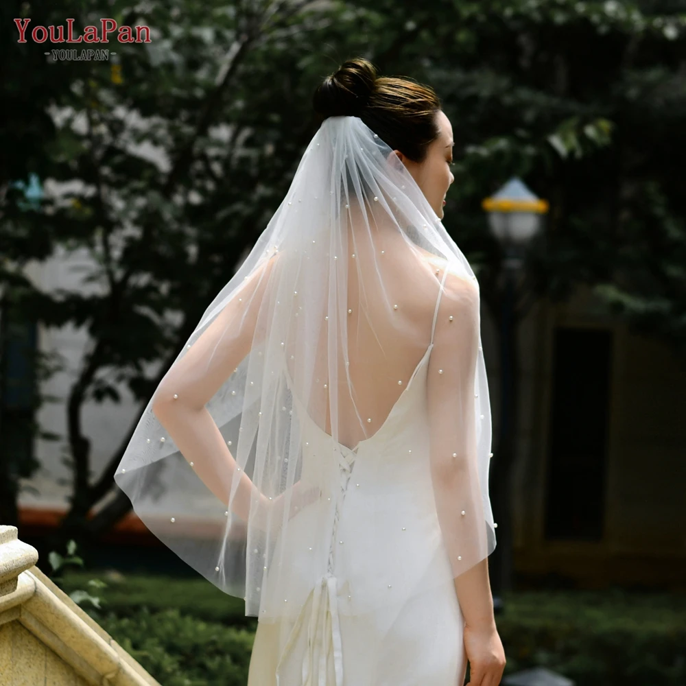 YouLaPan V05 Luxury Bridal Tulle Bridal Veil Pearl Wedding Veil with Hair Comb 1 Tier Long Wedding Veil Cathedral Wedding Veil